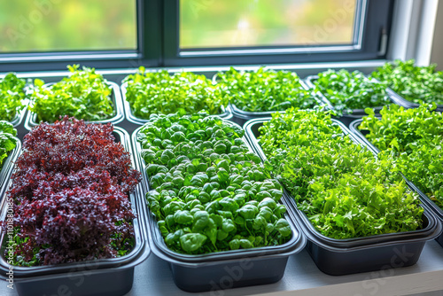 Fresh greens in trays by window, showcasing vibrant lettuce varieties. controlled environment promotes healthy growth and rich colors, creating lively atmosphere photo