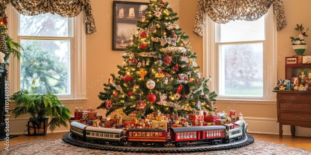 Christmas tree with a train set circling the base, surrounded by vintage toys and gifts Christmas tree with a train set circling the base, surrounded by vintage toys and gifts