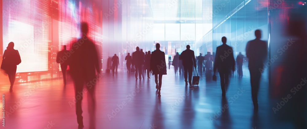 Obraz premium Abstract silhouettes of business people in a modern office with digital screens and glass walls