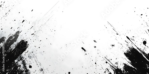 Abstract black ink splatters on white background.