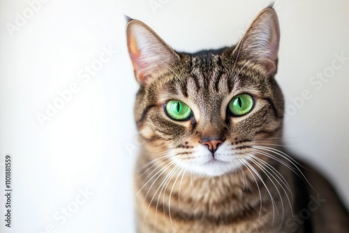 A close-up shot of a domestic cat's face with striking green eyes, suitable for use in animal-themed designs or illustrations