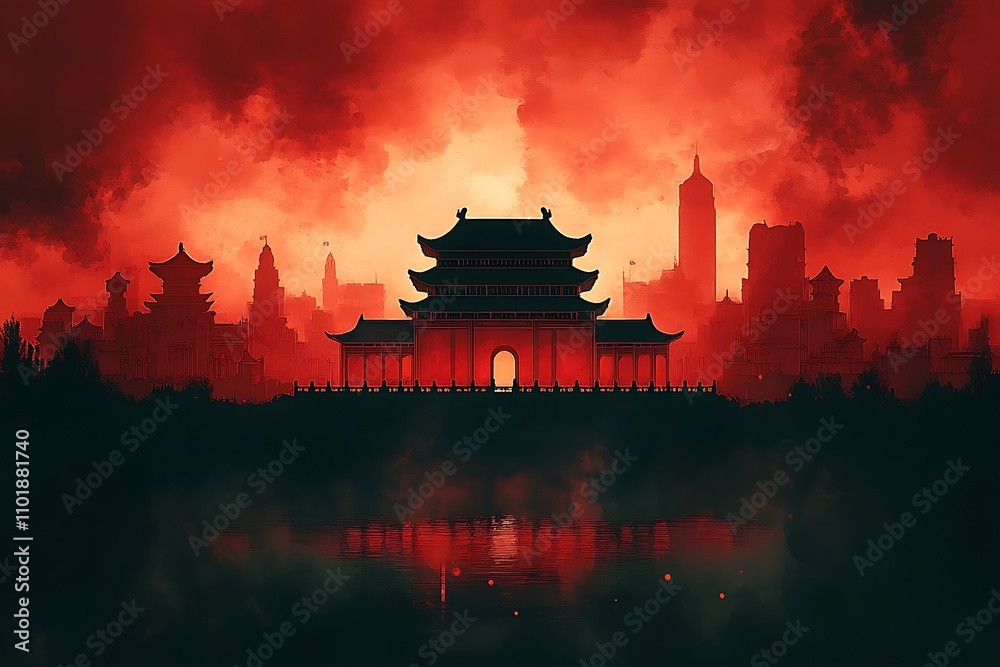 Panoramic view of the Meridian Gate in Forbidden City at night, in Beijing, China. Chinese characters mean Panoramic view of the Meridian Gate in Forbidden City at night, in Beijing, China. Chinese characters mean
