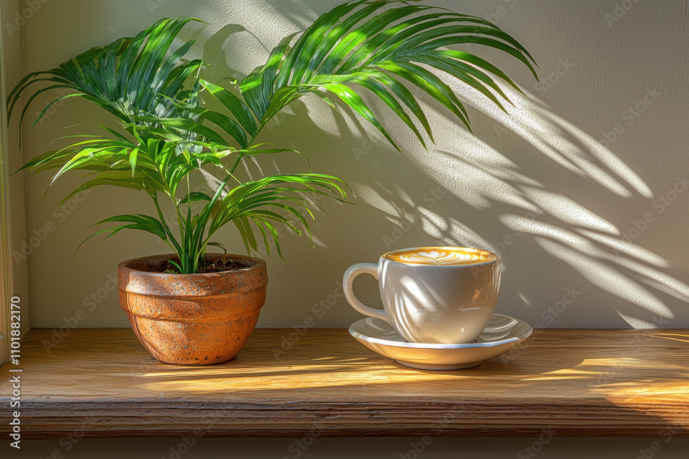 minimalist desk setup featuring potted plant and cup of coffee, creating serene atmosphere with soft shadows. natural elements enhance workspace tranquility minimalist desk setup featuring potted plant and cup of coffee, creating serene atmosphere with soft shadows. natural elements enhance workspace tranquility