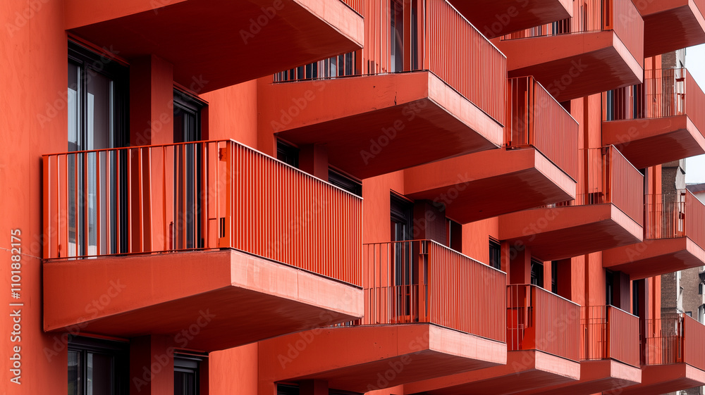 Fototapeta premium row of identical urban balconies showcases vibrant red architecture, creating striking visual pattern. design emphasizes modern living in bold color scheme
