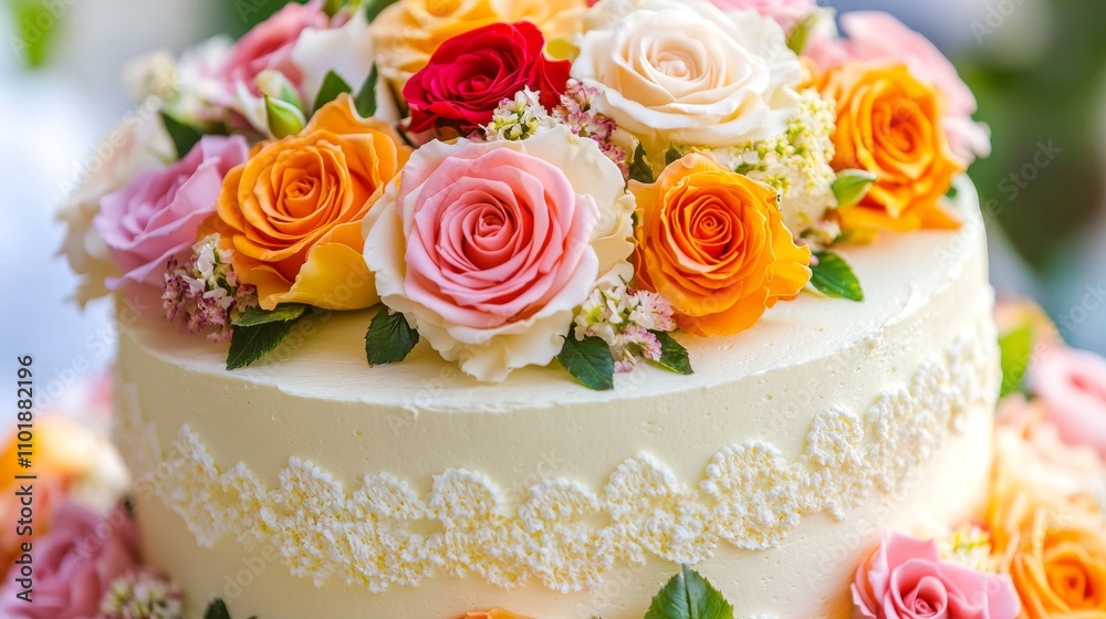 A top view close-up of vibrant colorful roses blooming on top of a wedding cake, capturing the elegance and beauty of a wedding theme A top view close-up of vibrant colorful roses blooming on top of a wedding cake, capturing the elegance and beauty of a wedding theme