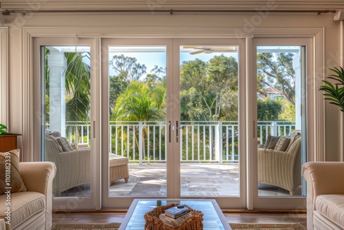 Luxurious living room with large glass doors opening to a sundrenched patio overlooking lush tropical greenery.