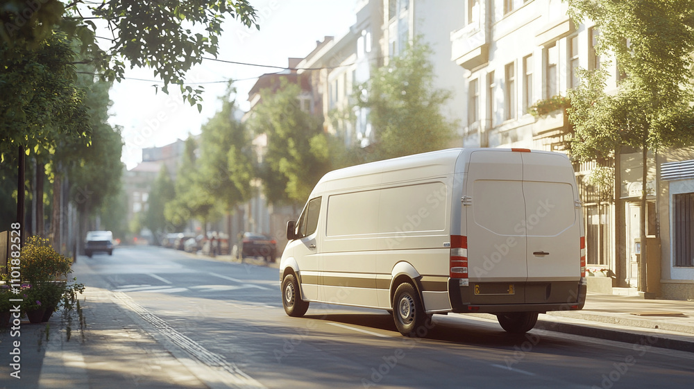 A white delivery van driving on the street in a city A white delivery van driving on the street in a city