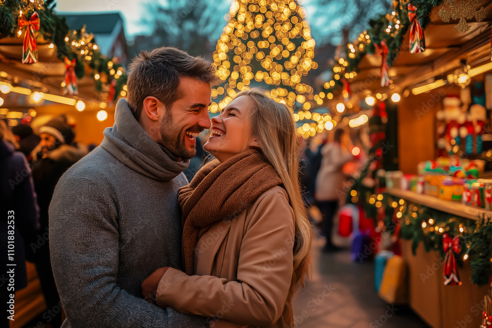 Portrait of a man and woman walking at a festive Christmas market Portrait of a man and woman walking at a festive Christmas market