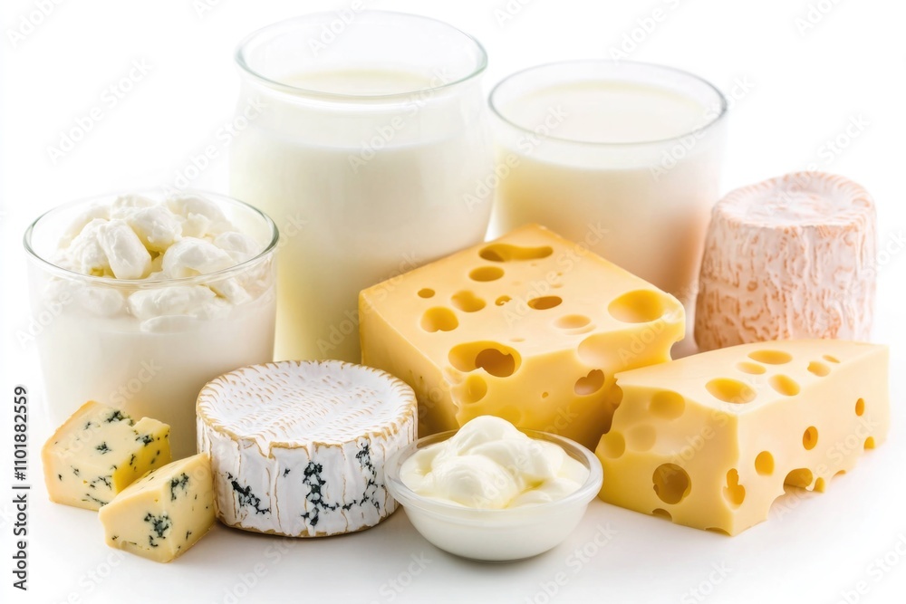 A selection of dairy products including cheese, milk, and yogurt A selection of dairy products including cheese, milk, and yogurt