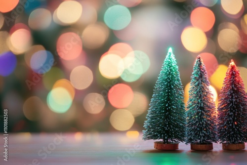 Three tiny Christmas trees sit atop a table, ready for decoration and celebration photo