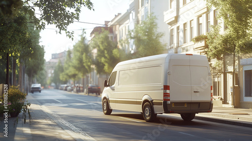 A white delivery van driving on the street in a city
