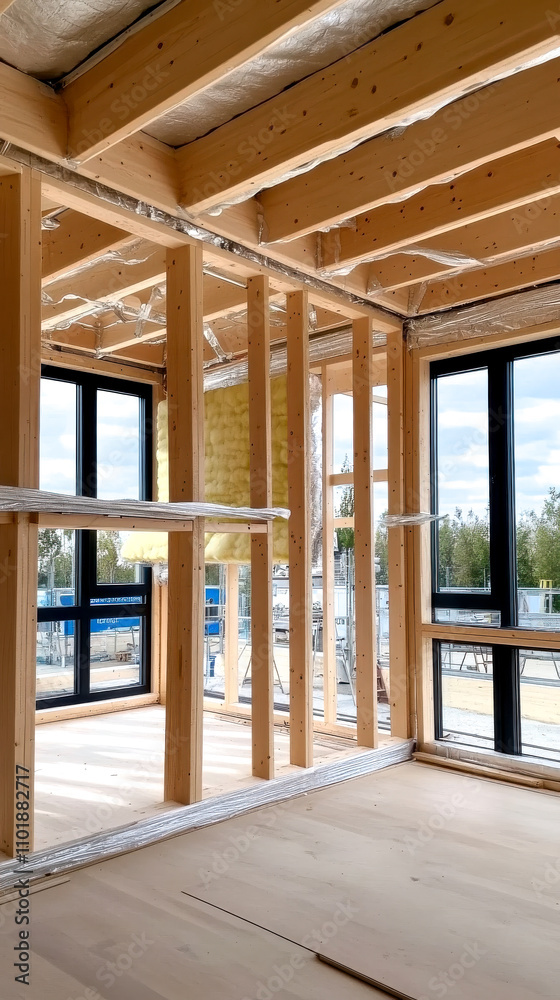 Obraz premium A bright interior space under construction, showcasing wooden framing and large windows, with a view of the outdoors.