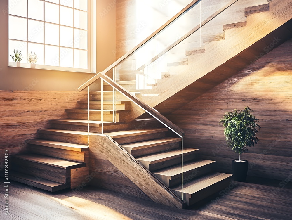 Obraz premium A modern wooden staircase with glass railing and a potted plant, illuminated by sunlight.