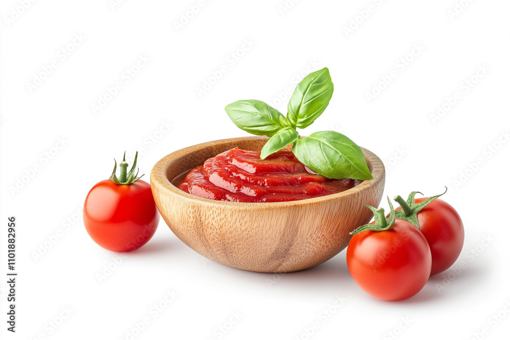 A bowl of tomato sauce with basil leaves and a few tomatoes. A bowl of tomato sauce with basil leaves and a few tomatoes.