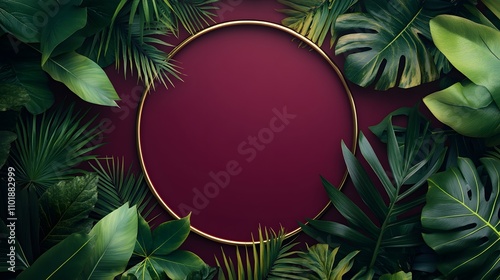 Luxury circular golden frame with green botanical elements against deep burgundy background, creating sophisticated composition with metallic accents and dramatic lighting.