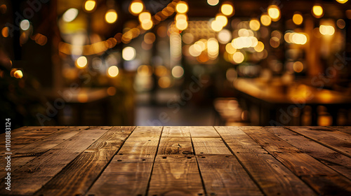 Image of a wooden table in front of abstract blurred restaurant lights.