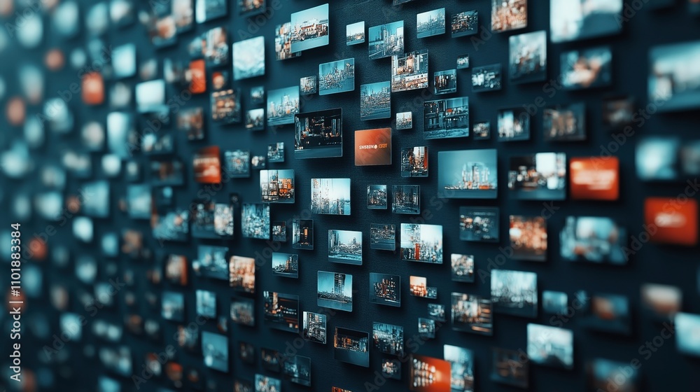 Abstract wall of digital screens displaying various cityscape images with a focus on architecture and technology in a blue and orange color scheme. Abstract wall of digital screens displaying various cityscape images with a focus on architecture and technology in a blue and orange color scheme.