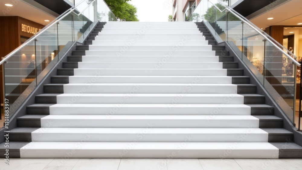 A clean and modern stair wrap mockup with blank fronts in a mall A clean and modern stair wrap mockup with blank fronts in a mall