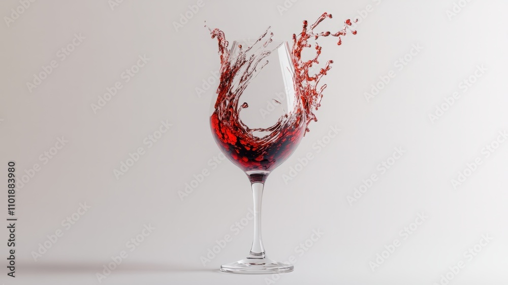 Elegant splash of sparkling red wine forming unique patterns in a stemmed glass, on a crisp white backdrop Elegant splash of sparkling red wine forming unique patterns in a stemmed glass, on a crisp white backdrop