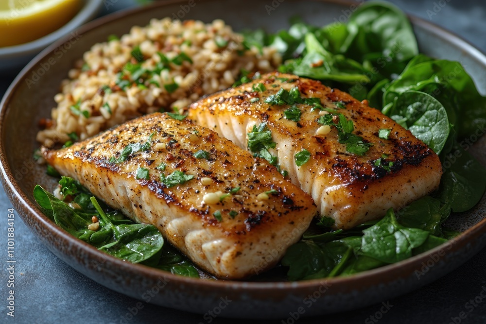 Grilled salmon served on a bed of spinach with brown rice and lemon. Grilled salmon served on a bed of spinach with brown rice and lemon.