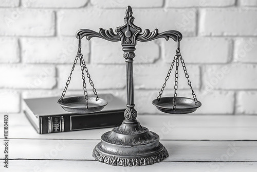 A black and white photo of a justice scale and a gavel. A striking black and white photograph showcasing a scale of justice elegantly positioned alongside a gavel resting on a table surface AI generat
