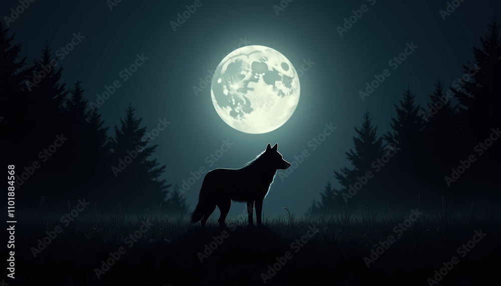 Werewolf under a full moon in a dark forest creating an eerily beautiful scene Werewolf under a full moon in a dark forest creating an eerily beautiful scene
