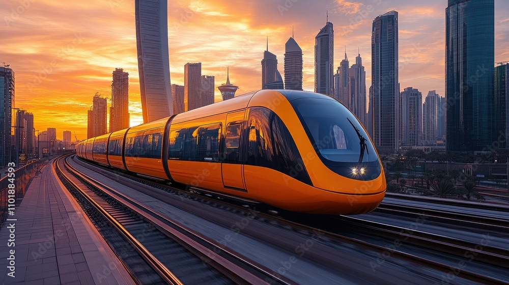 Naklejka premium Modern orange train speeding through a futuristic city at sunset.