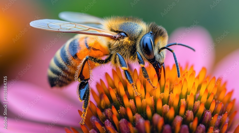A close-up of a honey bee collecting nectar from a pink and orange flower, with its wings outstretched and legs gripping the flower. A close-up of a honey bee collecting nectar from a pink and orange flower, with its wings outstretched and legs gripping the flower.
