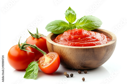 A bowl of tomato sauce with basil leaves and a few tomatoes. 