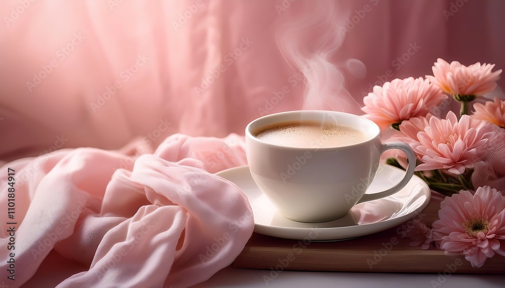 A serene moment is frozen in time, with steaming coffee, delicate flowers, and soft fabric _1(518) A serene moment is frozen in time, with steaming coffee, delicate flowers, and soft fabric _1(518)