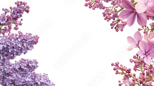 Beautiful floral corner ornament consists of lilacs flowers and magnolia isolated on white background. Copy space for photo or text