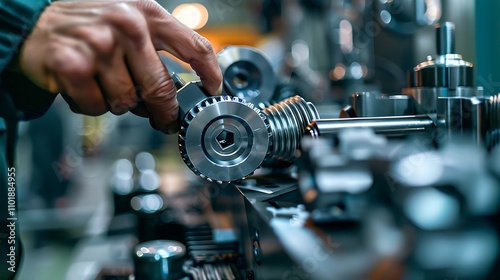 A close-up of a hand adjusting a metallic gear in an industrial setting, showcasing precision engineering.