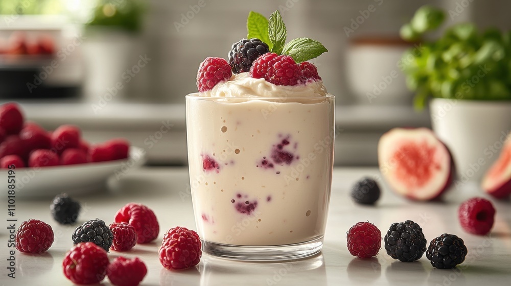 A creamy dessert topped with fresh raspberries and blackberries, served in a glass, with mint leaves for garnish. A creamy dessert topped with fresh raspberries and blackberries, served in a glass, with mint leaves for garnish.