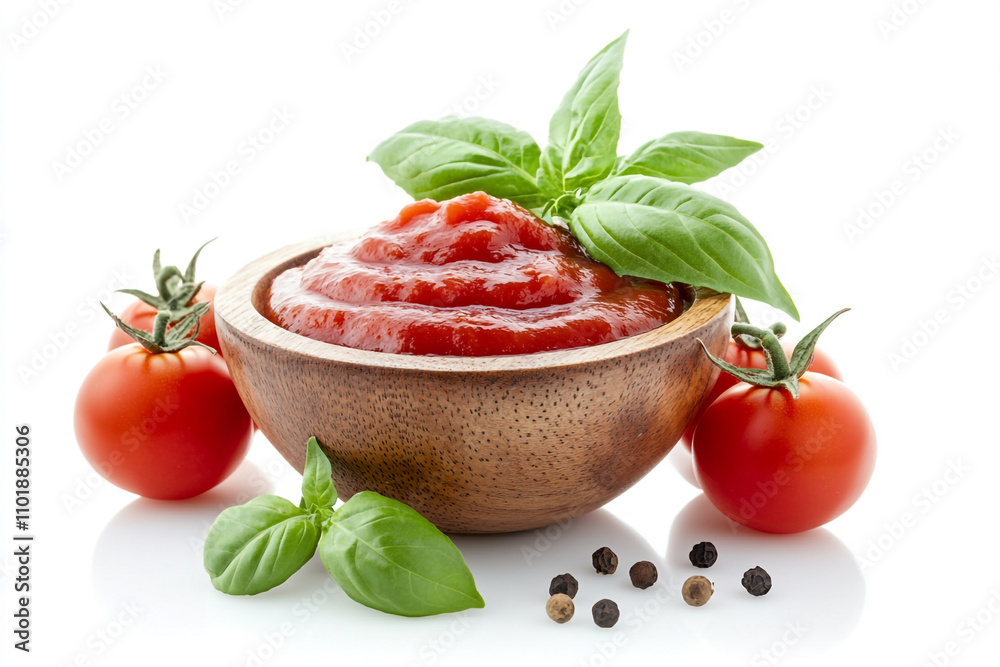 A bowl of tomato sauce with basil leaves and a few tomatoes. A bowl of tomato sauce with basil leaves and a few tomatoes.