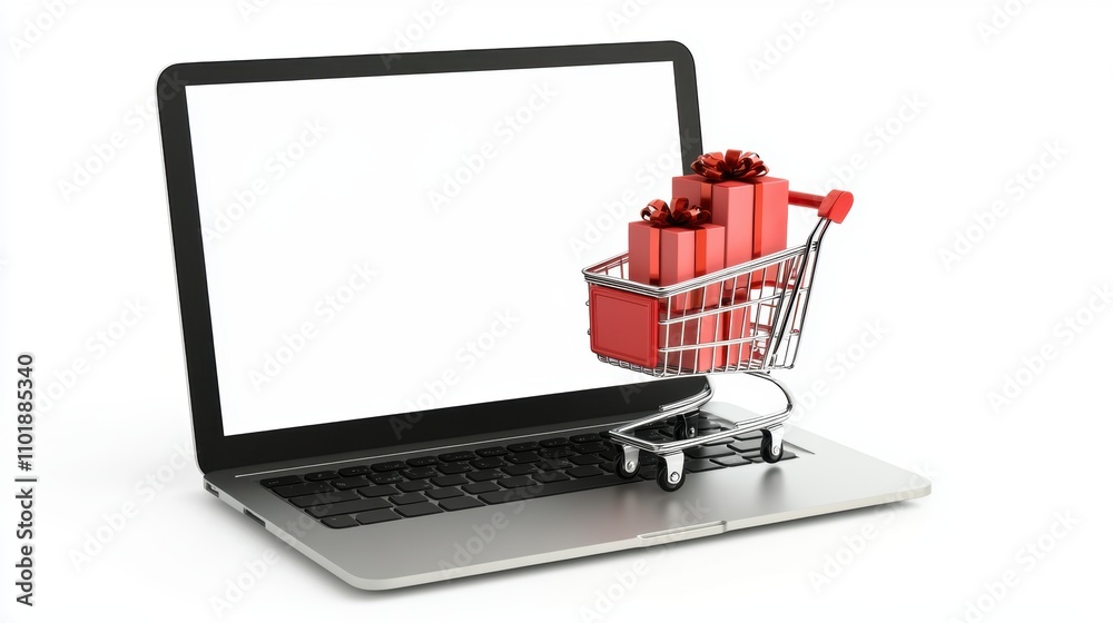 Shopping cart with gift box on laptop computer. Online shopping concept.