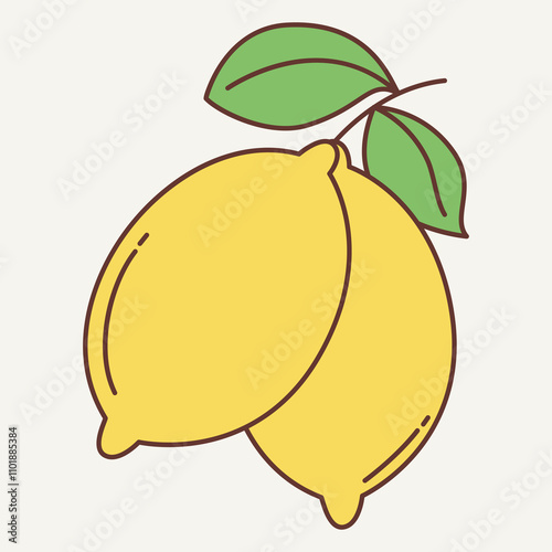 Two yellow lemons with green leaves, illustrated in a simple and playful style.