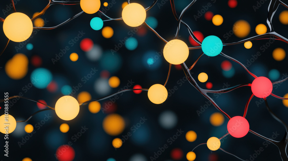 Abstract representation of interconnected nodes with vibrant colors against a dark background, symbolizing scientific concepts like networks or molecular structures. Abstract representation of interconnected nodes with vibrant colors against a dark background, symbolizing scientific concepts like networks or molecular structures.