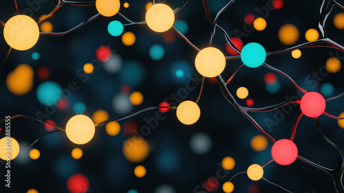 Abstract representation of interconnected nodes with vibrant colors against a dark background, symbolizing scientific concepts like networks or molecular structures.