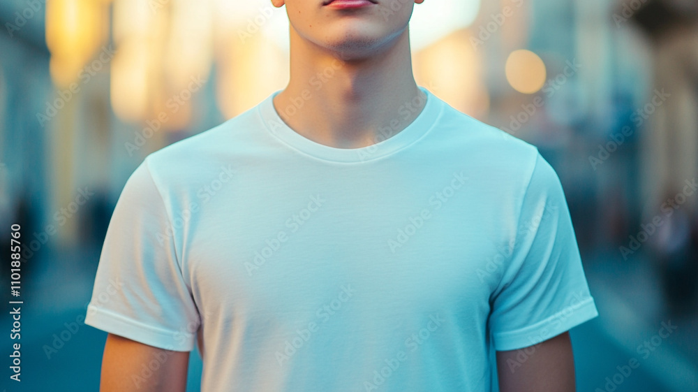 a young man in a white T-shirt standing on city background a young man in a white T-shirt standing on city background