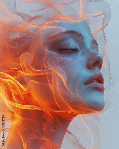  An ethereal human visage emerges from a whirlpool of pastel and neon waves, framed by delicate lines creating a halo, evoking a sense of introspection and consciousness exploration.