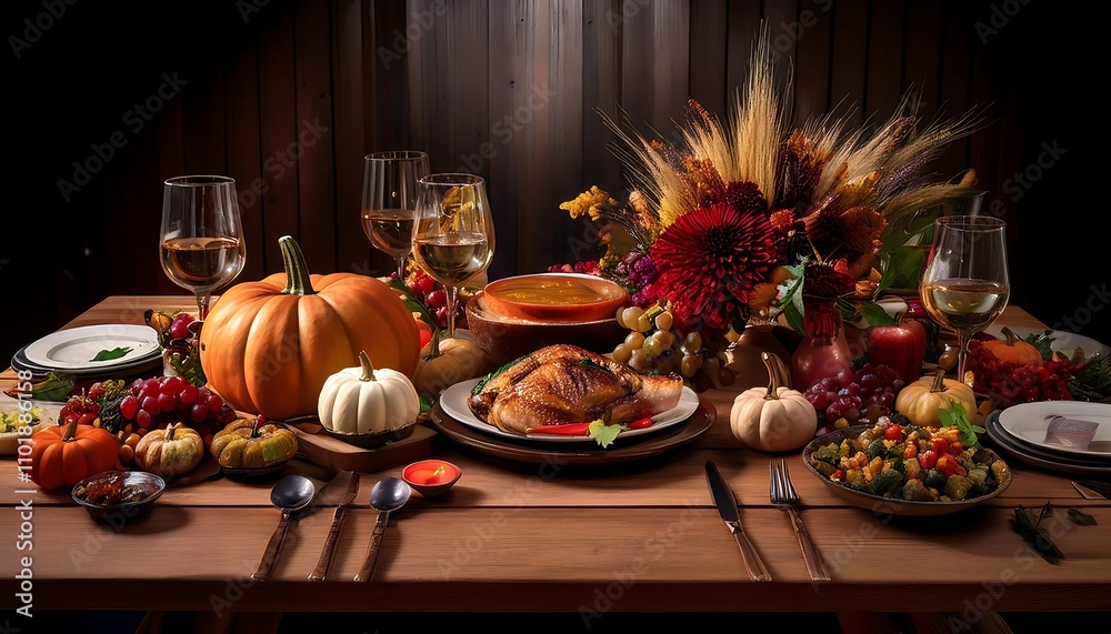 A rustic Thanksgiving table setting featuring a variety of seasonal foods and fall elements_1(502) A rustic Thanksgiving table setting featuring a variety of seasonal foods and fall elements_1(502)