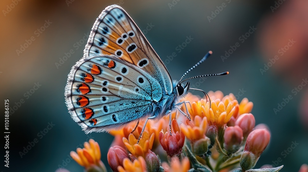 Obraz premium A vibrant blue butterfly with orange and black markings perches on a cluster of small orange flowers with green leaves in a blurred green and brown background.