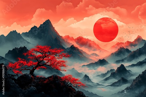 Ink wash painting with red sun and mountains in fog. Panoramic landscape in traditional oriental ink painting sumi-e, u-sin, go-hua style. Translation of hieroglyph - eternity.