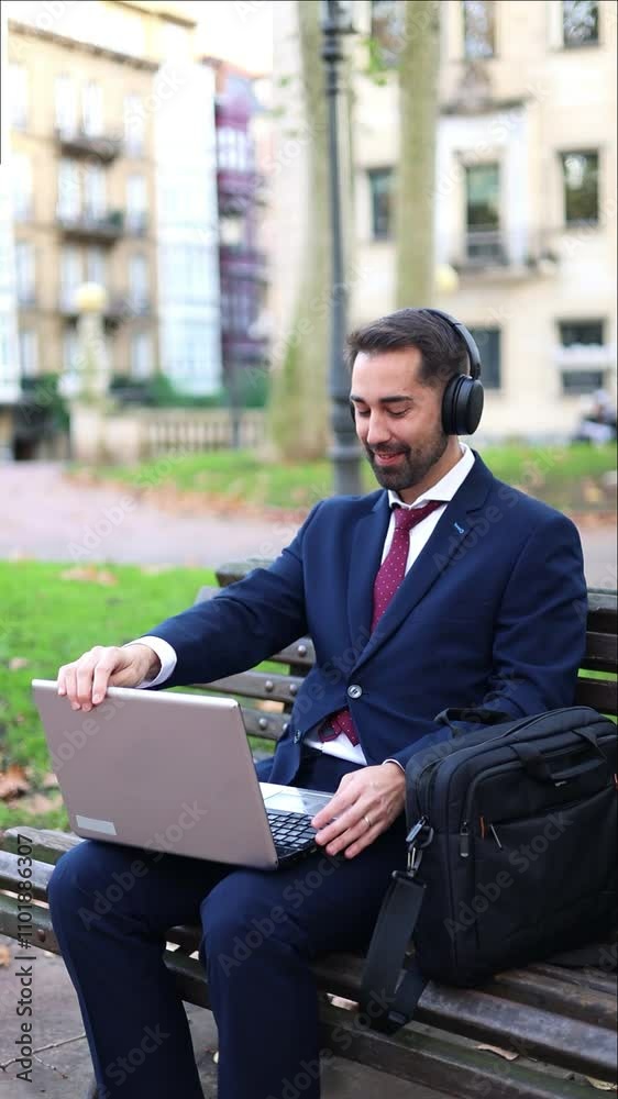 vertical businessman concluding meeting and packing up laptop for work break in autumn park