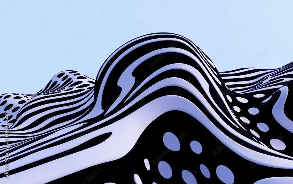 Obraz premium A vibrant abstract landscape featuring waves of black and white patterns against a soft blue sky.