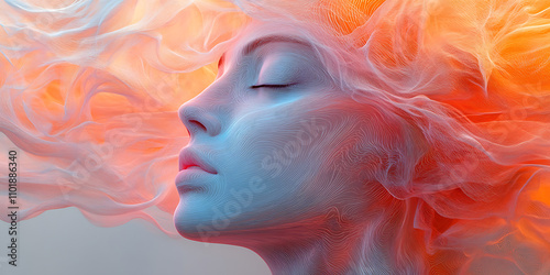 An abstract human face rises from a whirlpool of pastel and neon colors, with delicate transparent lines creating a halo, evoking profound contemplation and inner exploration.