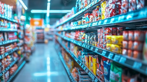 Supermarket aisle with colorful packaged products