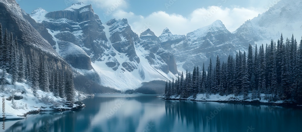 Naklejka premium Serene winter landscape snow-capped mountains reflected in a pristine lake, surrounded by snow-covered evergreen trees.