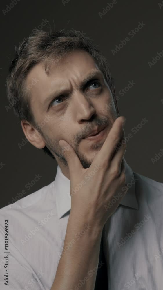 Pensive businessman thinking with hand on chin, problem solving and decisions concept Pensive businessman thinking with hand on chin, problem solving and decisions concept