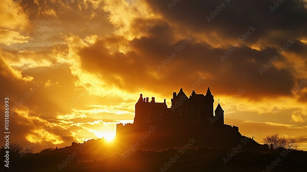 Fototapeta premium Historic Castle Silhouette Against Dramatic Cloudy Sky at Sunset